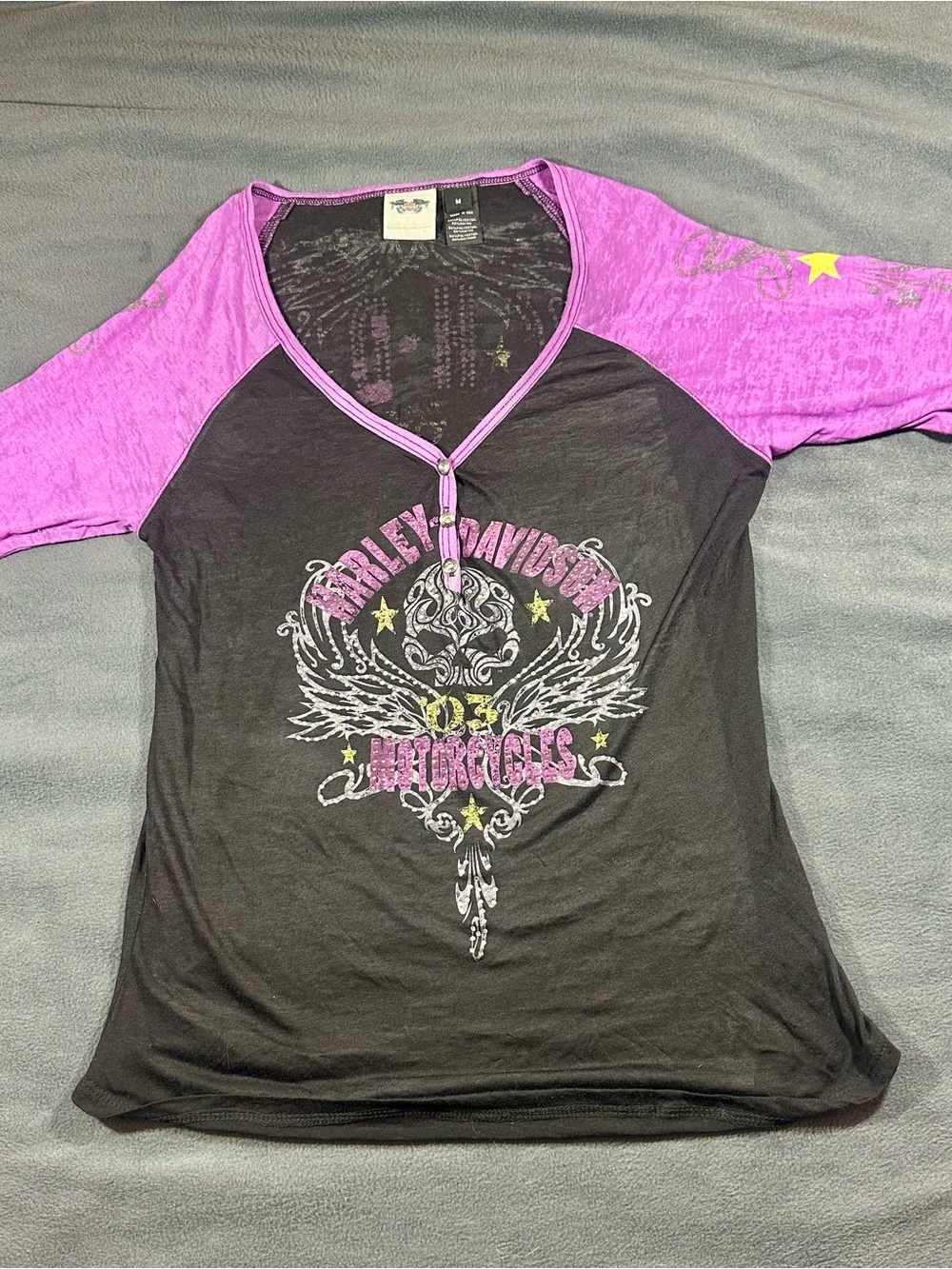 Harley Davidson Womens M Black Purple Rhinestone Skull Henley Shirt USA